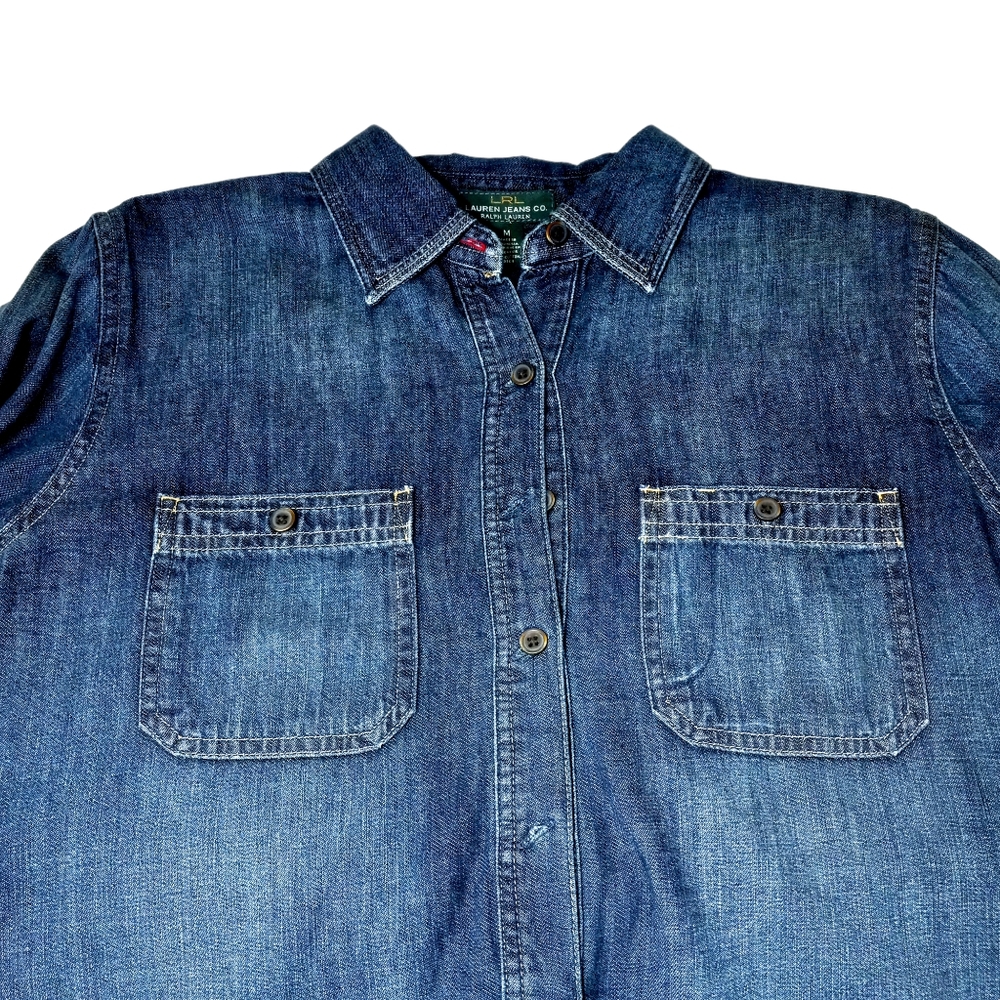 Ralph Lauren Lauren Tie Waist Sash Belt Longsleeve Denim Shirt Dress In Blue - Picture 4 of 10
